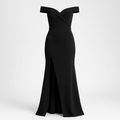 Elegancka sukienka damska z odkrytymi ramionami i rozcięciem z boku